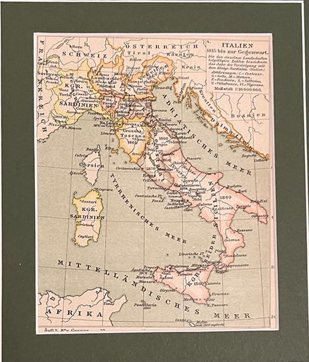 ドイツ語版イタリア地図。1815年ウィーン会議から1861年イタリア統一までの国境と加入年（ベルナッツォーリ所蔵）