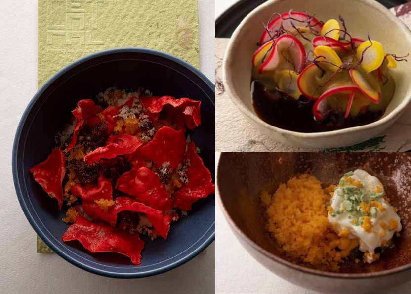 左：トウモロコシ、アンデス山脈の穀物 トウモロコシのピュレ、白とグレーのトウモロコシ、アンデスの雑穀「キウィチャ」 右上：かみふらの牛、ユカの根、オユコ 上富良野の和牛にペルーの芋「ユカ」のピュレ、ペルー伝統の茶色いソース「セコソース」を合わせ、優しい甘みとシャキシャキとした食感の根菜「オユコ」の輪切りをのせる。 右下：カブヤ、柚子、ライム 白人参の一種「カブヤ」を使った冷たいデザート。
